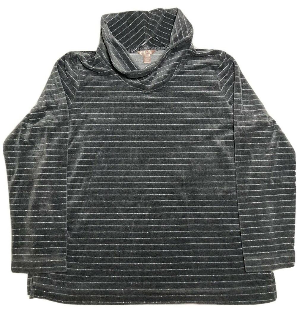 White Stag Pullover Sweater XL Womens Gray Silver Striped Cowl Neck Velvet Warm